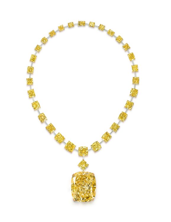 One of the largest and rarest fancy intense yellow diamonds in the world, the Golden Empress from Graff set on a necklace