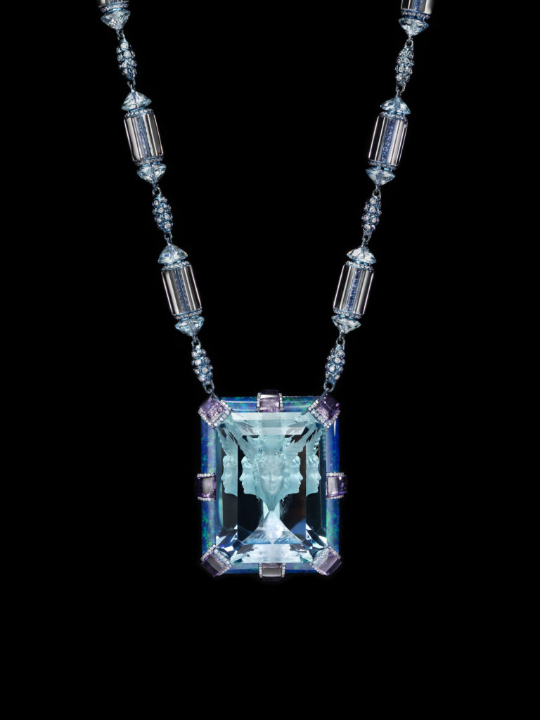 Wallace Chan Now and Always necklace featuring a Wallace Cut aquamarine weighing 135.40 carats, with amethysts, diamonds, blue topaz, sapphires and opals