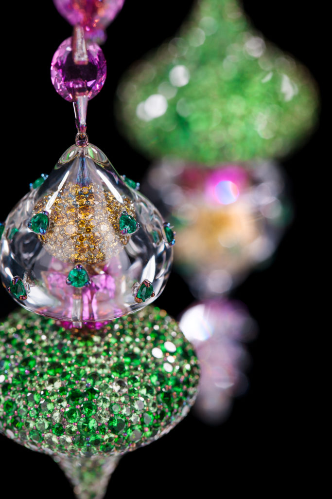 Wallace Chan Wonders of Life earrings with diamonds, pink sapphires, emeralds, crystal, tsavorite garnets and titanium