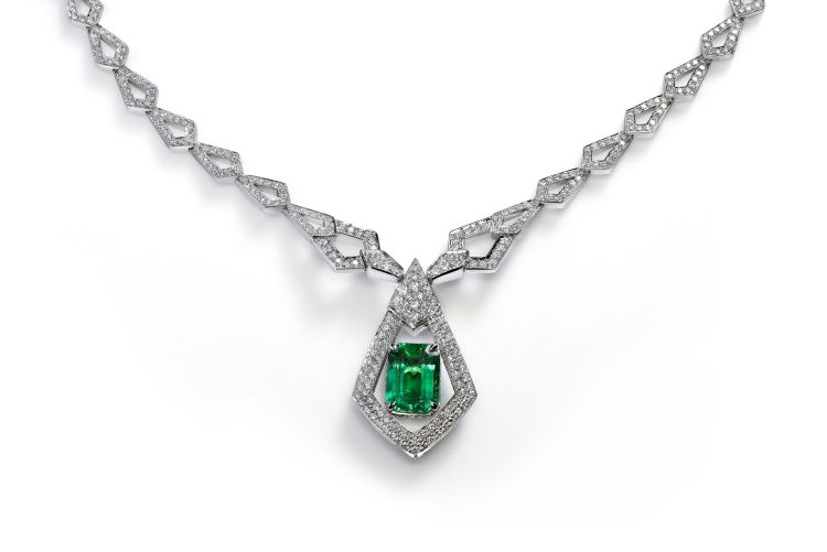 Kat Florence 3-carat Russian emerald necklace in platinum with 4.85 carats of D-flawless diamonds.
