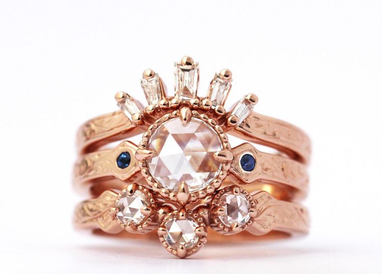 Shelly Purdy Vintage Opulence collection ring stack consisting of the Elizabeth, Heather and Marilyn rings