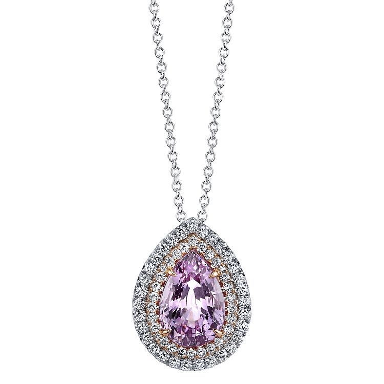Omi Privé pendant handcrafted with a 4.18-carat pear-shaped padparadscha sapphire, accented with brilliant diamond rounds.