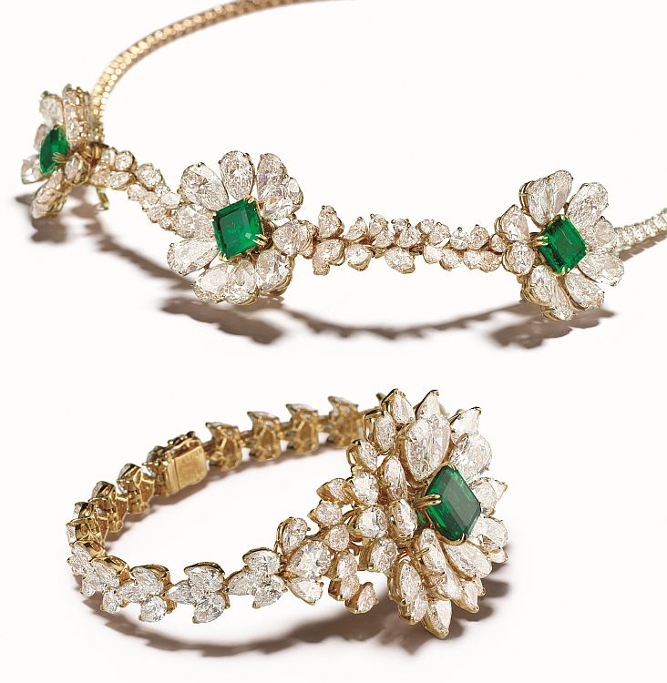 Reza Trembleur Emerald suite composed of Zambian emeralds and diamonds, 1979.