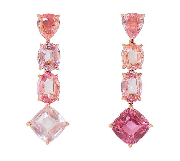 Lorraine Schwartz mixed fancy-shaped padparadscha sapphire and platinum earrings.
