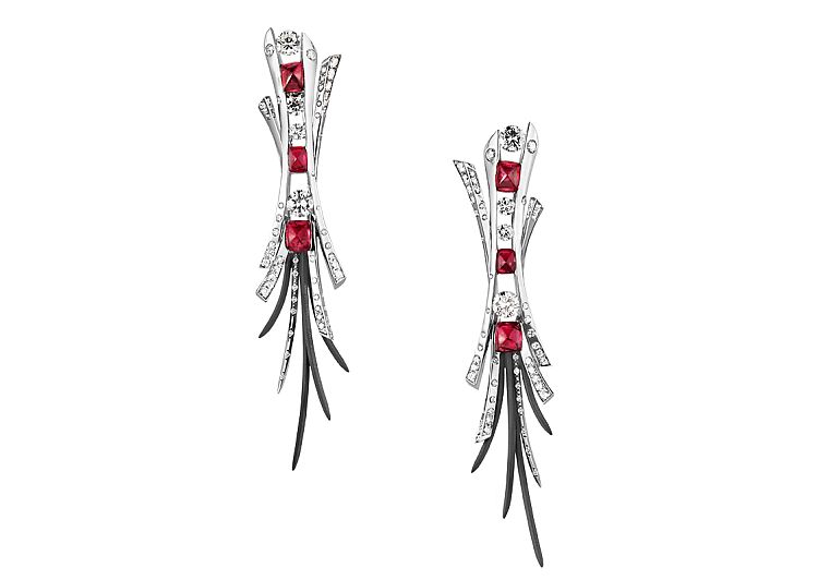 Reza Y’Dol earrings with sugarloaf cabochon red spinels and diamonds.