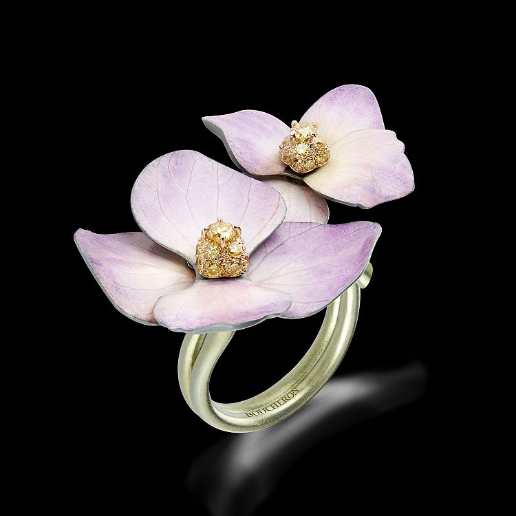Boucheron. Nature Triomphante flower ring with natural petals, set with a jonquille diamond bouquet on titanium.