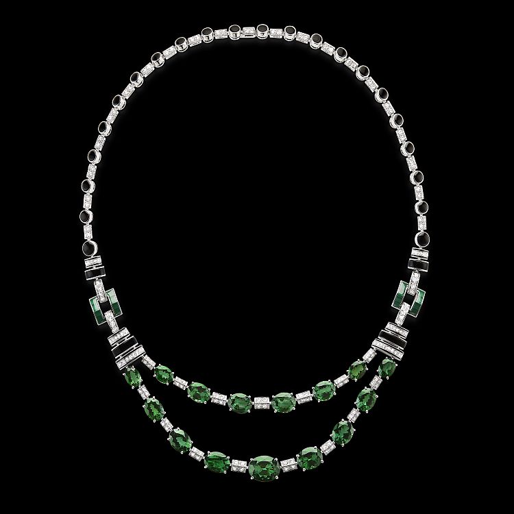 Boucheron. Rivière Art Deco necklace set with chrome tourmalines, malachite and onyx, paved with diamonds, on white gold.