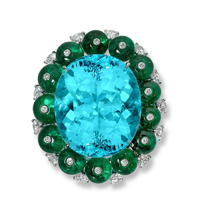 Moussaieff Jewellers. Brooch with 57.21ct Paraiba tourmaline, 26cts of emeralds and 2.88cts of diamond, set in platinum.