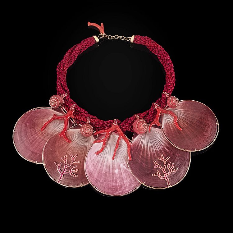 Fabio Salini. Venus necklace in coral, pink gold, shells, silk cord and 6.77 carats of rubies from the Dangerous Luxury collection produced by Fabio Salini in collaboration with the Campana brothers.
