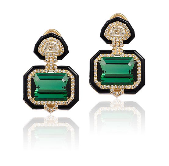 Goshwara G-One green tourmaline emerald-cut earrings in 18-karat yellow gold with diamonds