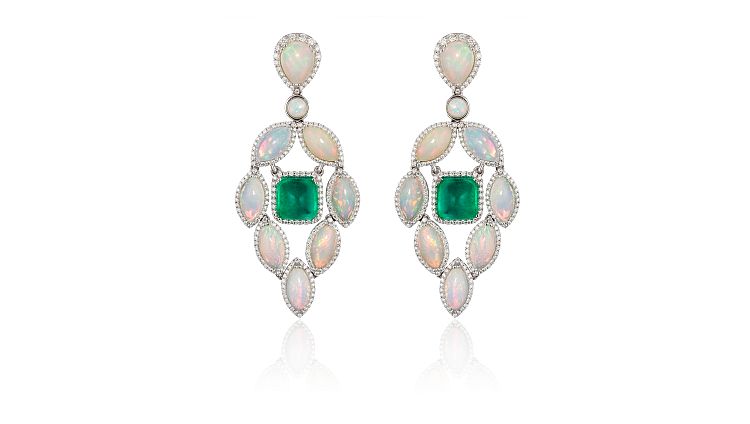 Goshwara G-One opal and emerald earrings with diamonds in 18-karat white gold