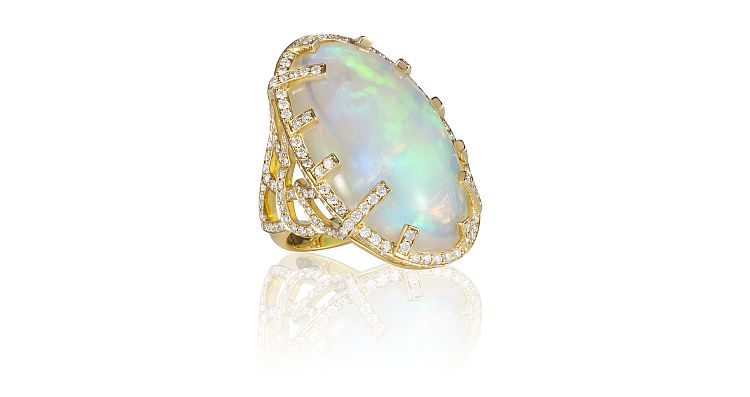 Goshwara G-One Ethiopian opal oval cabochon multi-prong ring in 18-karat with diamonds 