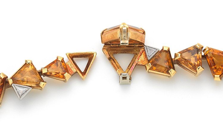 An 18-karat gold citrine and diamond necklace by Grima, 1974; detail of the clasp. credit Bonhams 