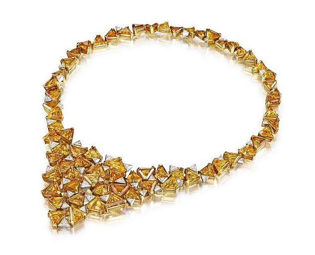 An 18-karat gold citrine and diamond necklace by Grima, 1974; below: Detail of the clasp. credit Bonhams 
