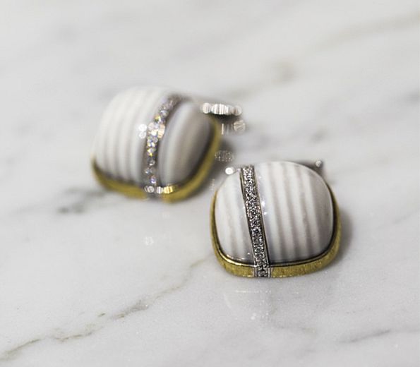 Chalcedony cufflinks by Francesca Grima set in gold with a ribbon of white diamonds