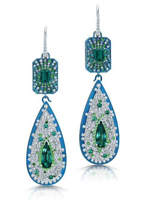 Graziela Gems Detachable drop earrings in colored titanium with Paraiba tourmaline, indicolite tourmaline, and diamonds.