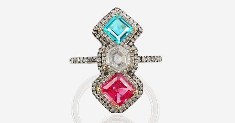 IVY New York Ring in 18-karat gold with pink spinel, Paraiba tourmaline, and diamonds. 