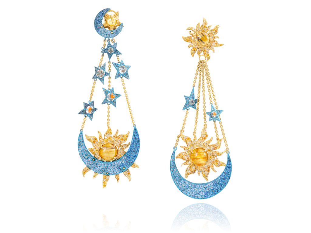 Lydia Courteille earrings in 18-karat yellow gold and titanium Titanium set with brown diamonds, blue and yellow sapphires, aquamarines and yellow quartz from Marie Antoinette The Dark Side collection.