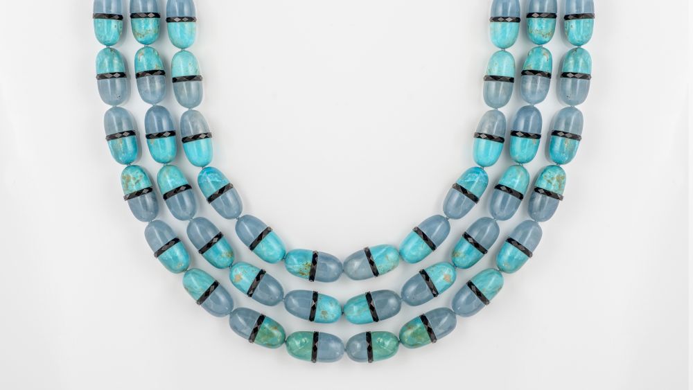 Pill necklace by Cora Sheibani featuring turquoise, aquamarine and smoky quartz. 