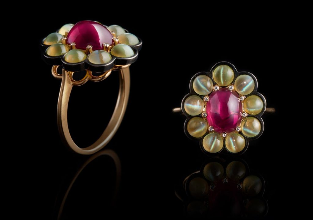 Susan ring by Racine Jewels: Burmese ruby, cat’s eye chrysoberyls and diamonds set in yellow gold. 