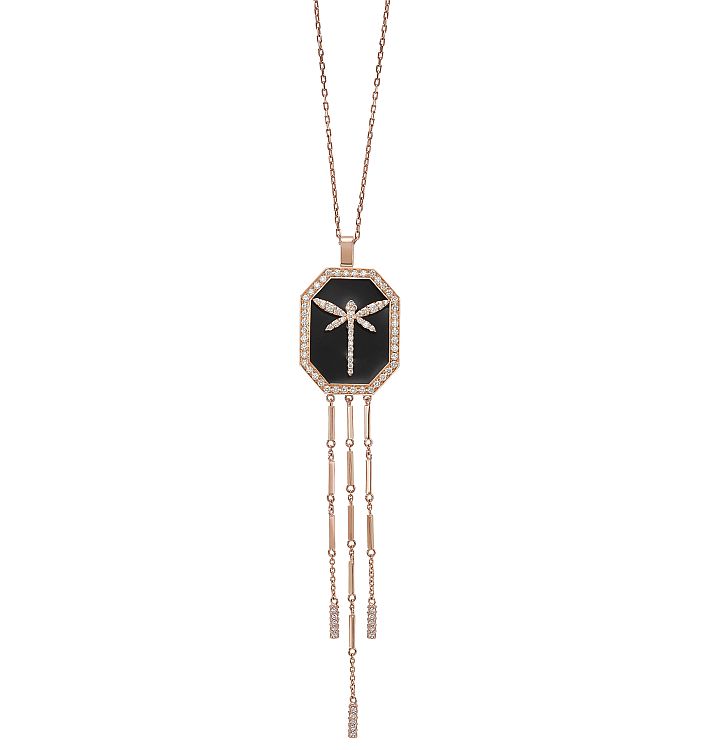 Anapsara. Rose gold, diamond and black enamel Dragonfly pendant. 
