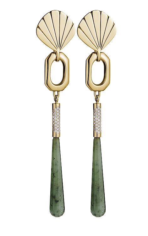 Rebekka Notkin Diamond and green jade Darling ear clips in 14-karat yellow gold. 
