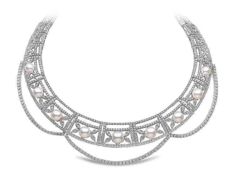 Yoko London Deco necklace featuring South Sea and Akoya pearls set within diamonds. 
