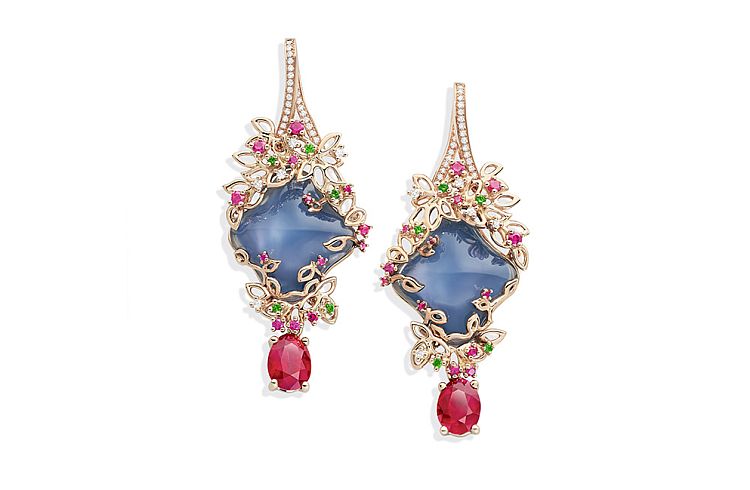 Mellerio Lago earrings from the Isola Bella collection featuring gold, diamonds, chalcedony, rubies, sapphires and tsavorites. 