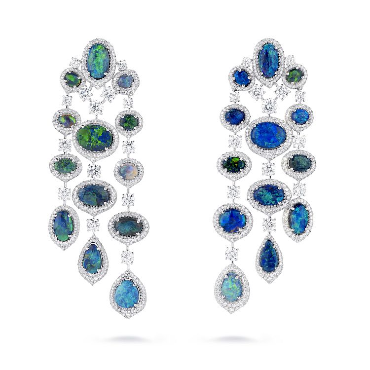 David Morris platinum chandelier earrings set with 30 carats of black opal and 17 carats of white diamonds. 