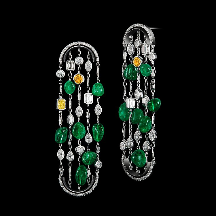 Alexandra Mor arched sautoir earrings with fancy diamonds and Muzo emerald tumble beads.  