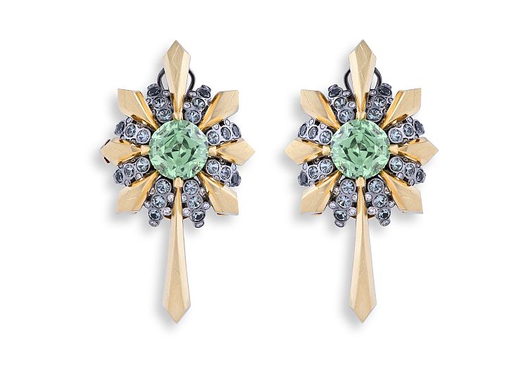 Best in Colored Gemstones 
Above $20,000:
Adam Foster 
Earrings in 18-karat yellow gold from the Constellation collection, featuring cushion-shaped, mint-green garnet center stones surrounded by delicate grey sapphire and white diamond accents, with omega back closures.