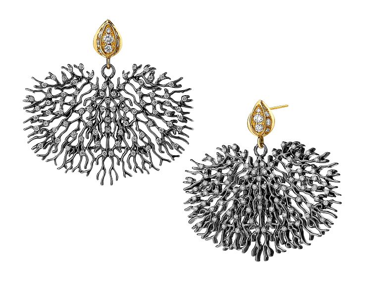 Best in Silver: SYNA
Black coral reef earrings with a sprinkle of brilliant champagne diamonds, created in oxidized silver with 18-karat yellow gold accents.