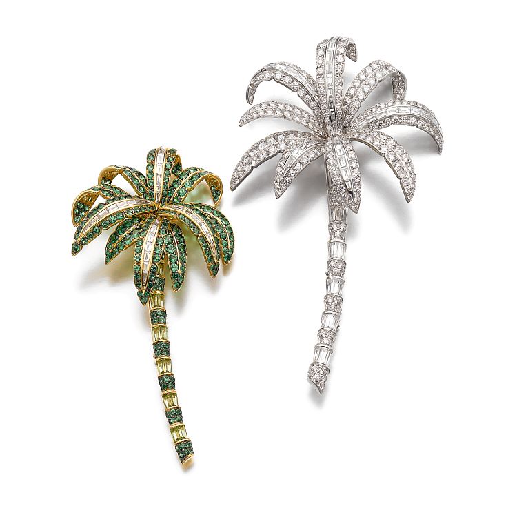 
Michele della Valle palm tree brooches in diamond, tsavorite garnet and peridot. Sold at Sotheby’s Geneva, December 2017. 
