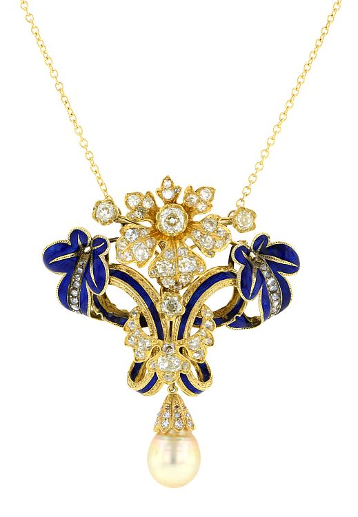 Doyle & Doyle. A gold Victorian necklace with blue enamel detailing and old-mined, single-cut and rose-cut diamonds above a pearl drop.