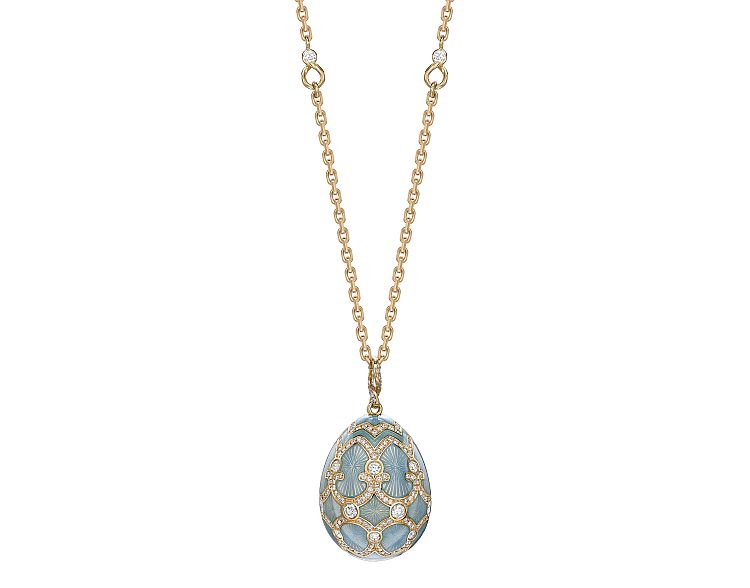 Fabergé.  The house’s founder was an innovator in enamel, creating more than 145 shades — including turquoise, as seen in this Palais Tsarskoye gold and diamond pendant. 