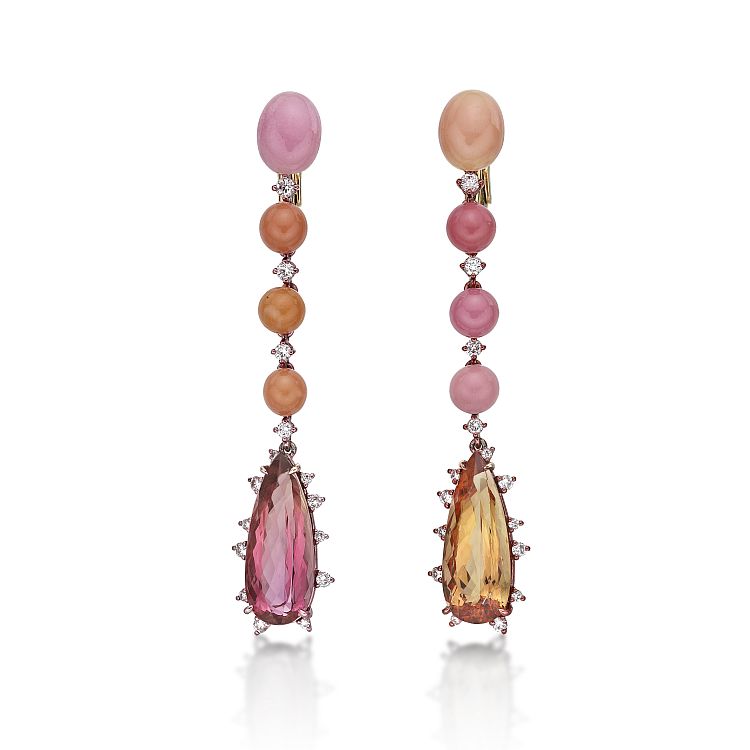 Sarah Ho. These 18-karat rose-gold earrings play on the complementary colors of the orange and red topaz and pink and orange conch pearls.