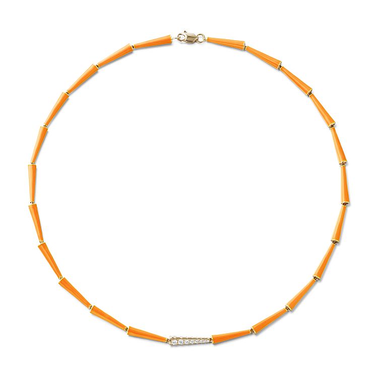 Melissa Kaye. Orange enamel and a smattering of diamonds have been applied to 18-karat yellow gold to create this Lola necklace. 