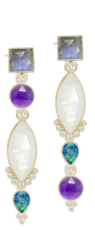 Nina Nguyen. This designer mixes up the positions of  labradorite, moonstone, opal and amethyst in these yellow-gold and diamond earrings.