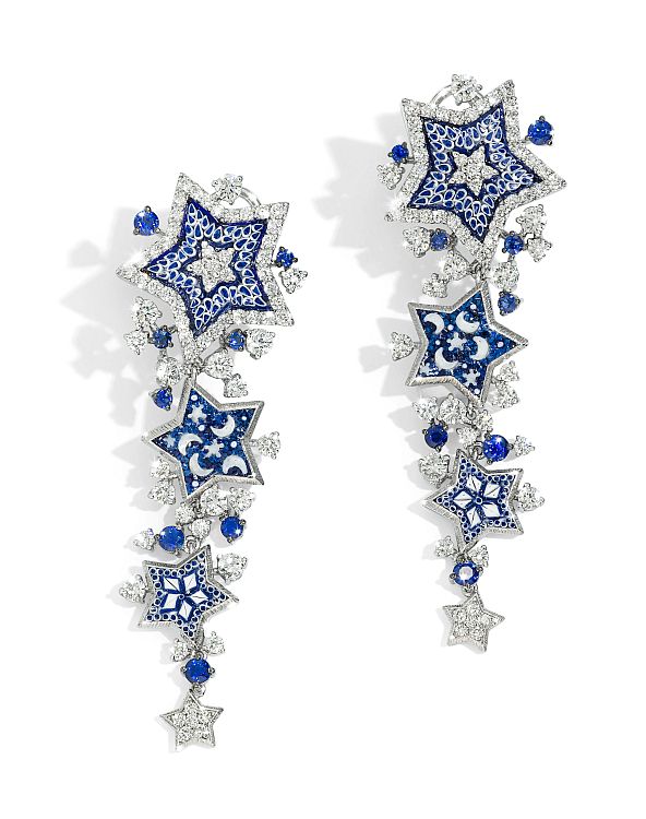 Sicis. The micro-mosaic specialist has created tiny tesserae of blue and white enamel to make these gold, diamond and blue sapphire earrings. 