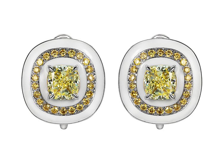 Sarah Ho. These diamond and 18-karat gold earrings from the Candy collection use bezels of white enamel as a neutral. 