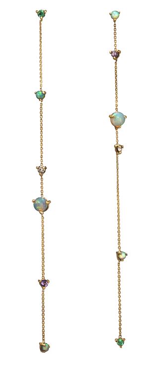 Wwake. Tiny opals, brown diamonds, emeralds and tanzanites randomly dot delicate gold chain earrings.