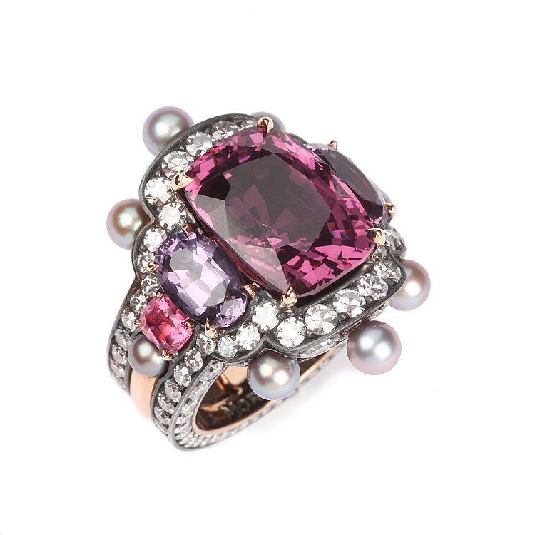 Nadia Morgenthaler ring with spinels, diamonds, natural pearls in blackened red gold. 