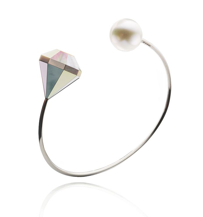 Mélanie Georgacopoulos MOP Diamond open bangle, gold, freshwater white pearl, mother-of-pearl