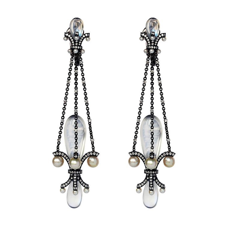 Nadia Morgenthaler Earrings set with moonstones, natural pearls, diamonds set in blackened gold and silver. 