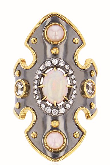 Elie Top Blason ring from La Dame du Lac collection in silver, gold, freshwater pearls, opal and diamonds , open view. 