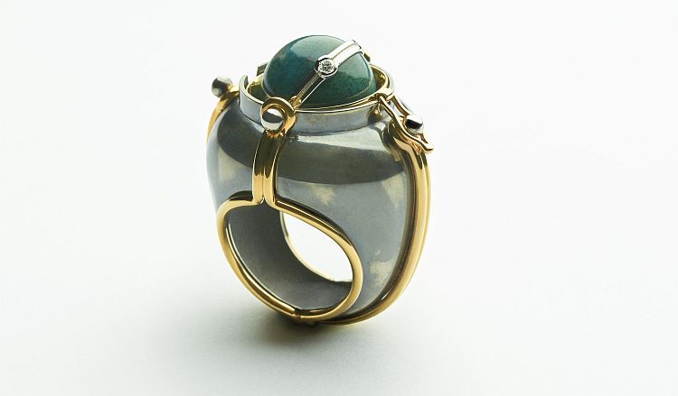Elie Top Scaphandre ring in gold, silver, diamond and malachite