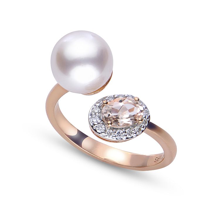 Imperial Pearls rose gold ring set with pearl, morganite and diamonds. 