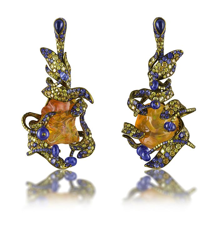Neha Dani Arunima  “Glow of Dawn” earrings set with 37.06 carats of fire opals, blue sapphires, yellow and orange diamonds, titanium, 18-karat gold custom rhodium finishes.
