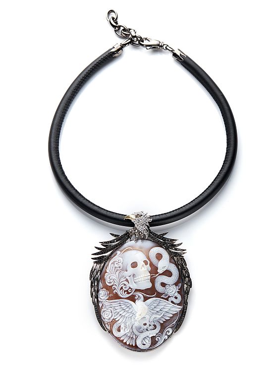 Amedeo by Faraone Mennella Rex Caeli 83mm sardonyx cameo with black and brown diamonds, white and yellow sapphires on sterling silver black rhodium metal and 18-karat gold.