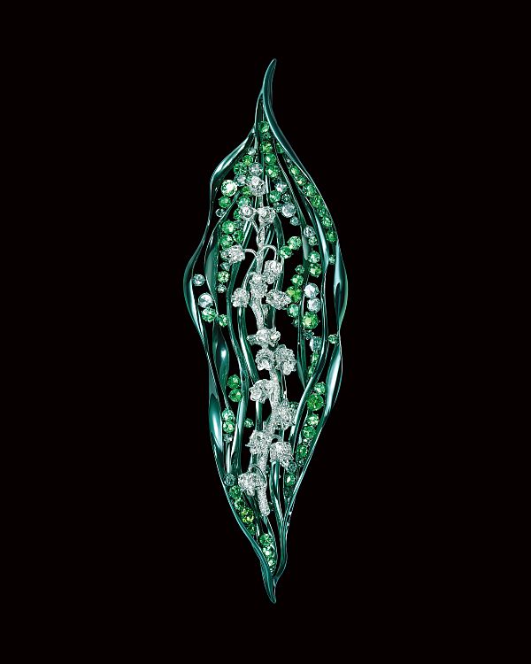 “Lily of the Valley” Brooch - Tsavorite, colored sapphire, chrysoberyl, rose-cut diamond, diamond, 18K electroplated gold.